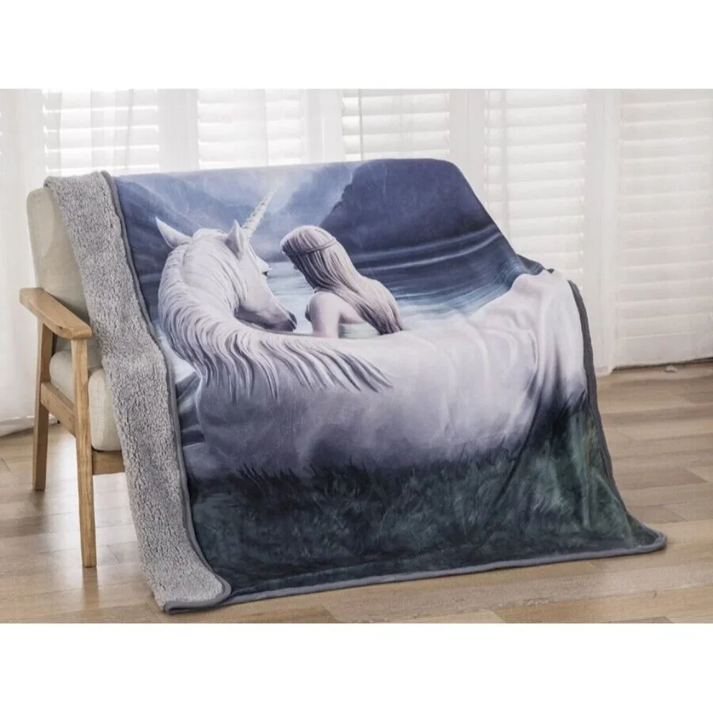 New Anne Stokes Lakeside Unicorn Plush Throw Gift Blanket Sherpa Fairy Fleece - Picture 2 of 4